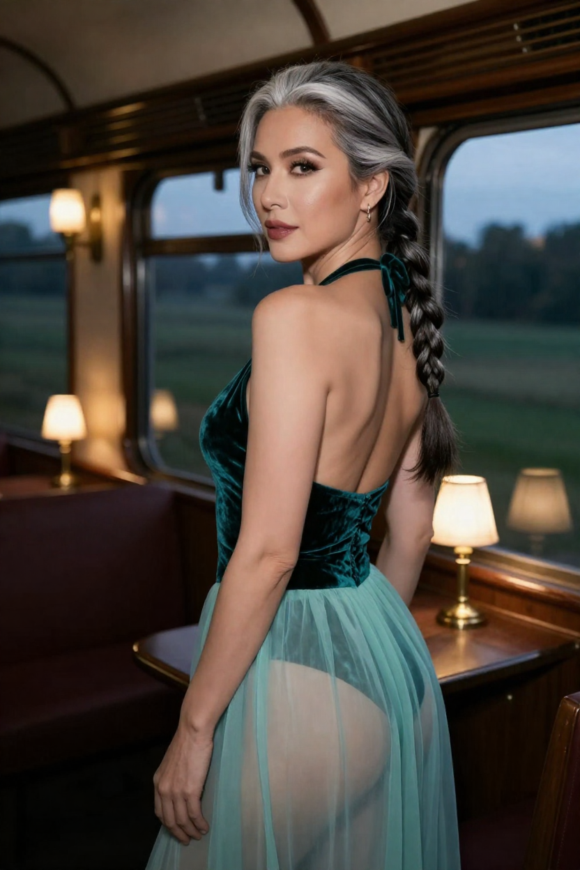 Boudoir portrait of a fictional 42-year-old woman with long silver-streaked dark hair in a single elegant